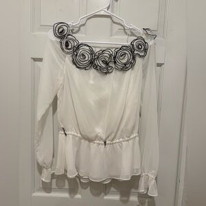 Adrianna Papell White Blouse with Black Floral Accents